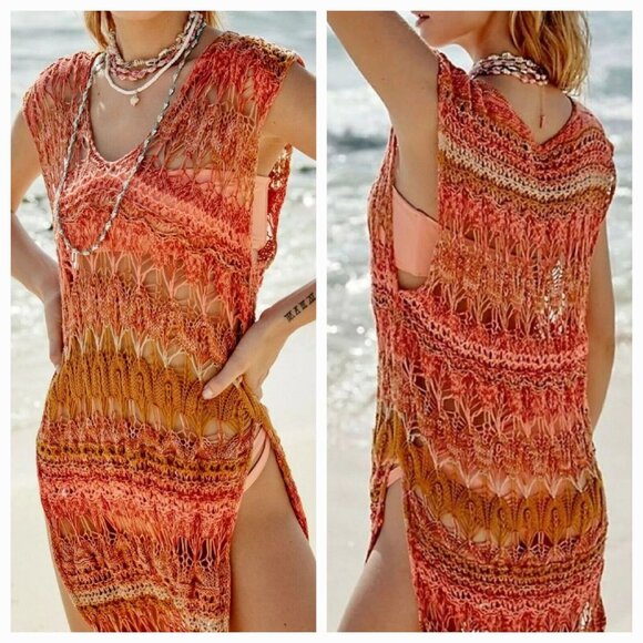 Free People Into The Flames Crochet Maxi Tunic Dress Cover-up Size M/L EUC - Picture 2 of 8
